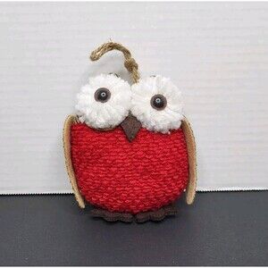 Owl Plush Ornament 4 Inches - Brown Tweed Red Chenille Yarn Felt - Clean & Cute